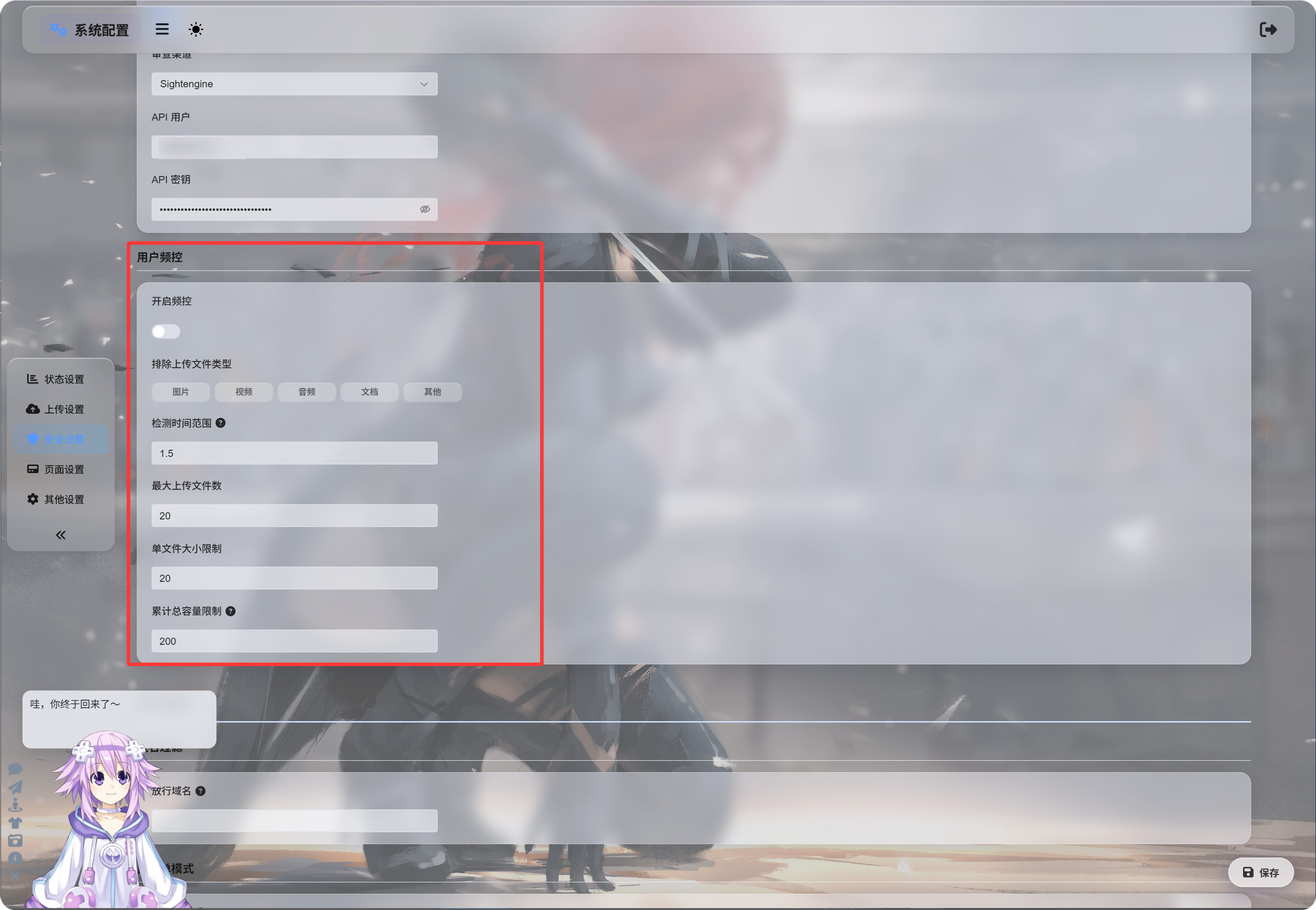 User rate limit settings